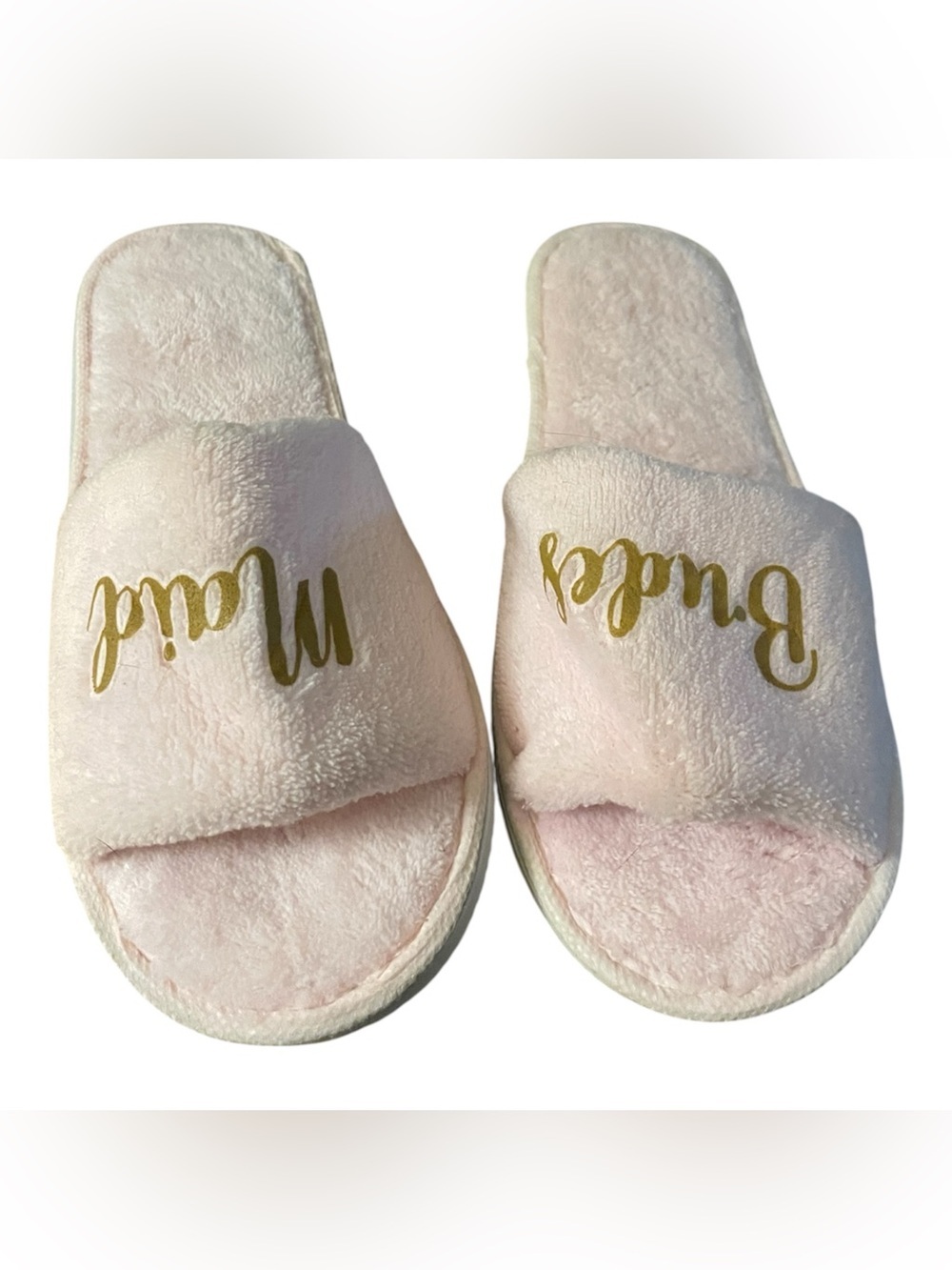 Pink Plush Brides Maid Slippers with Gold Script. NWOT.